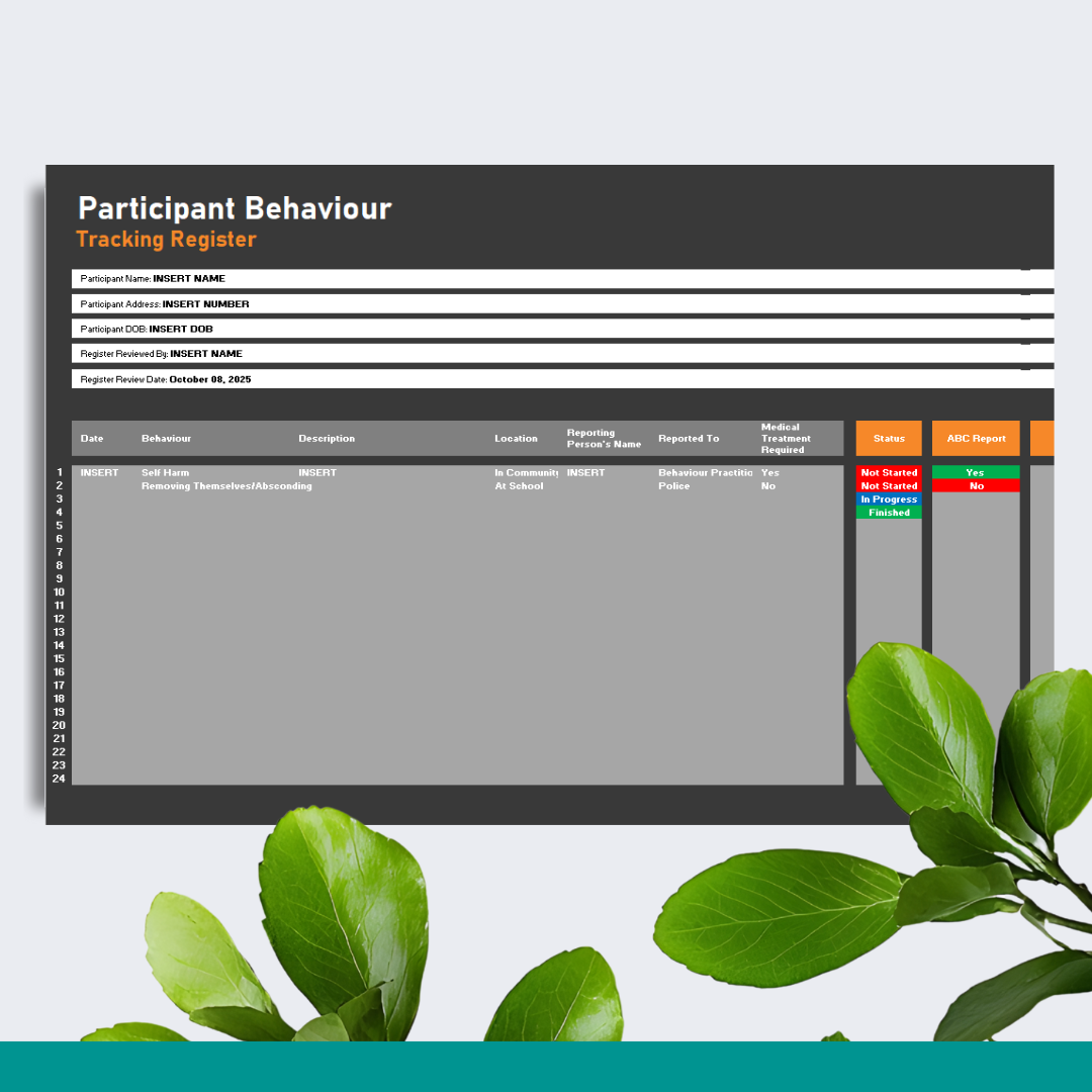 Participant Behaviour Tracking Register