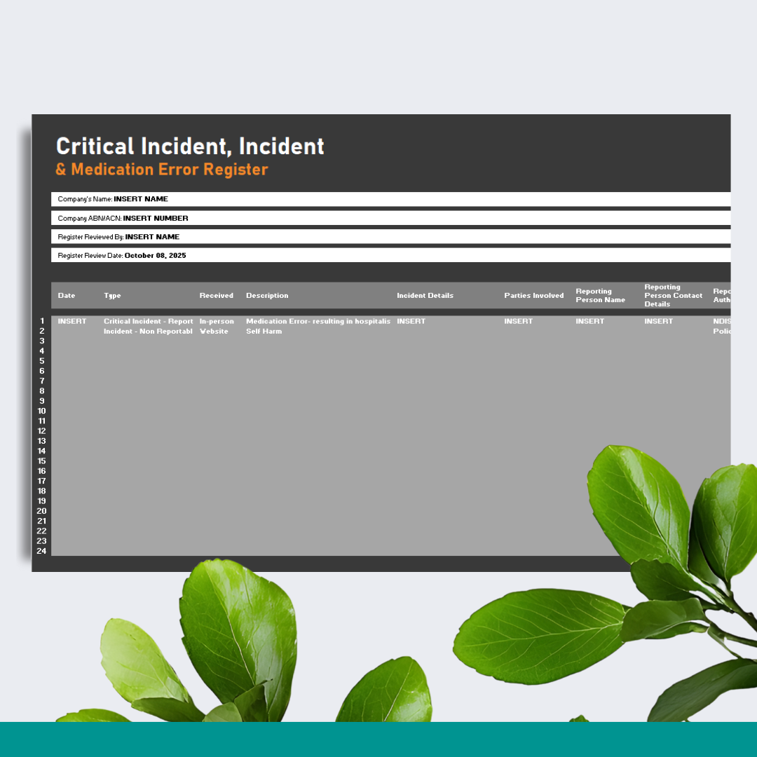 Critical Incident, Incident & Medication Error Register