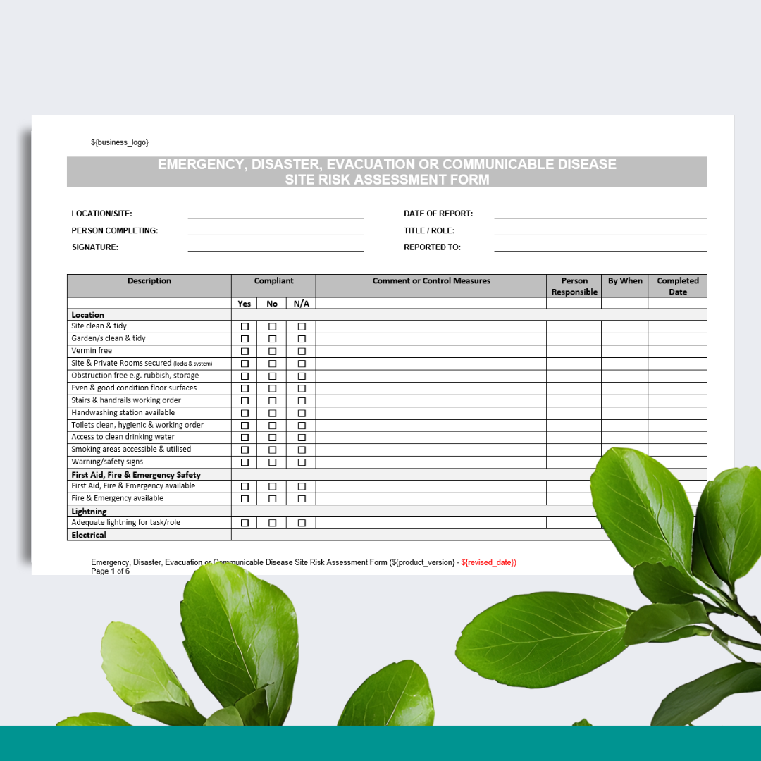 Emergency, Disaster, Evacuation or Communicable Disease Site Risk Assessment Form