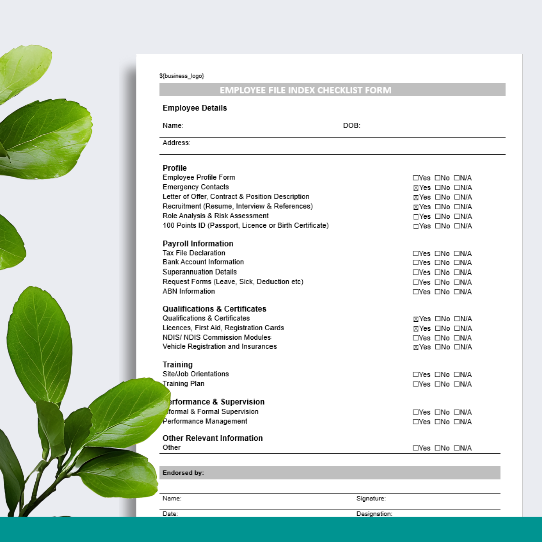 Employee File Index Checklist Form