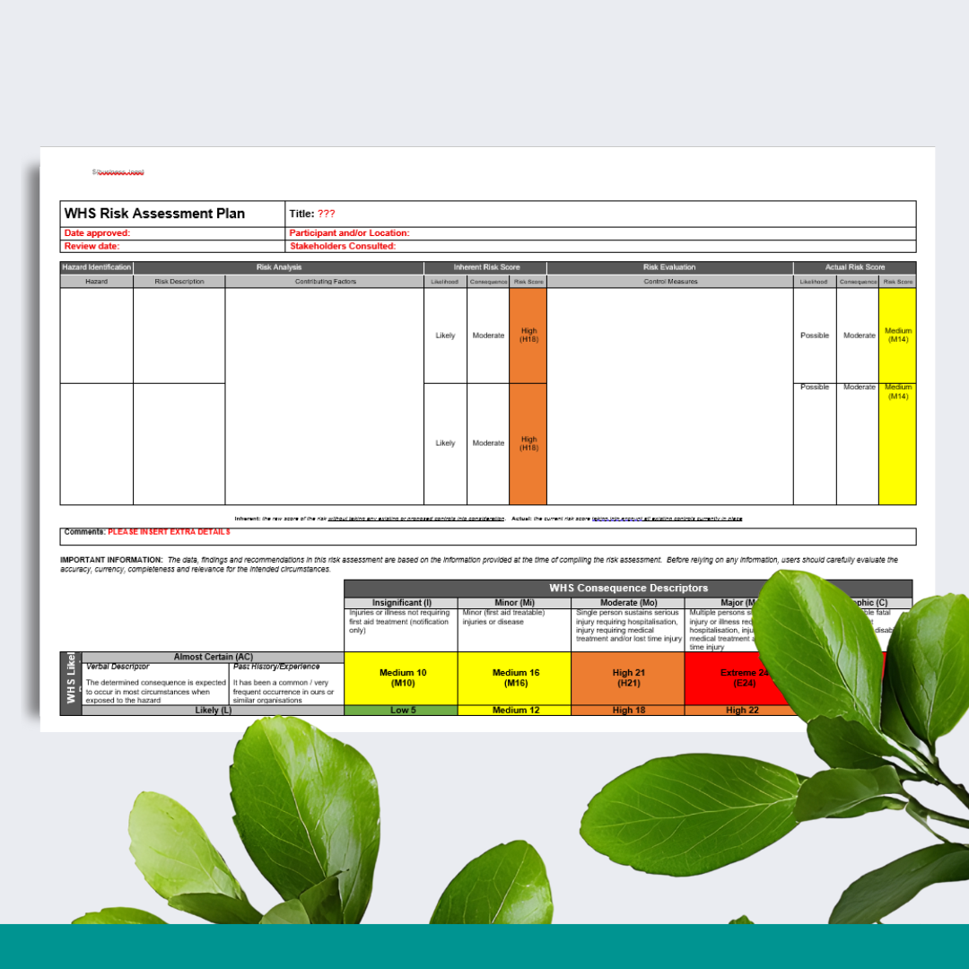 WHS Risk Assessment Plan - Blank