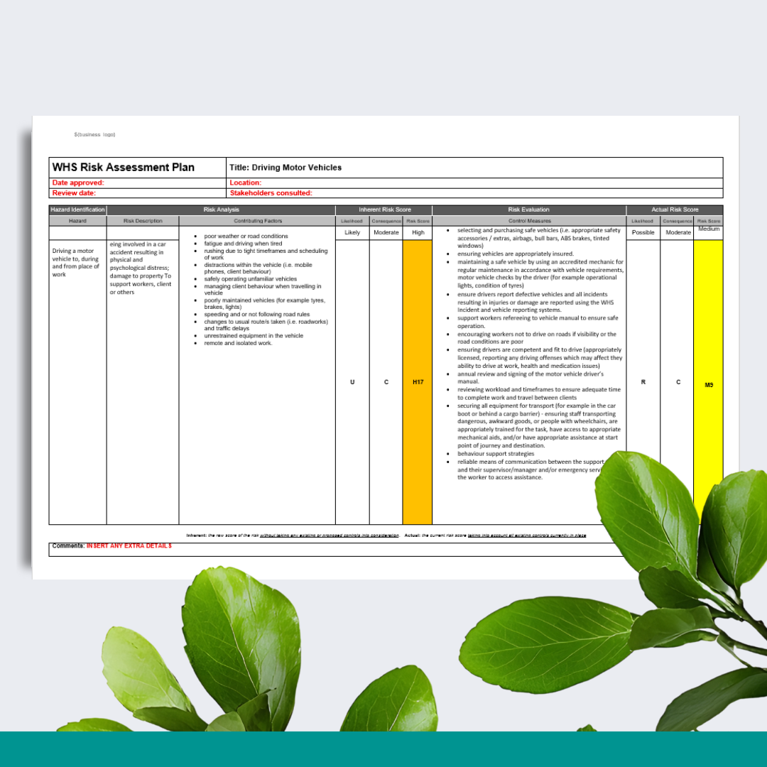 WHS Risk Assessment Plan - Driving Motor Vehicles