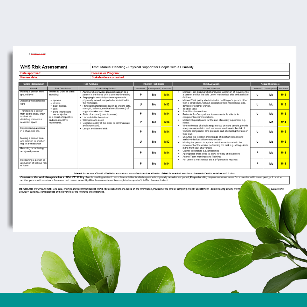 WHS Risk Assessment Plan - Manual Handling