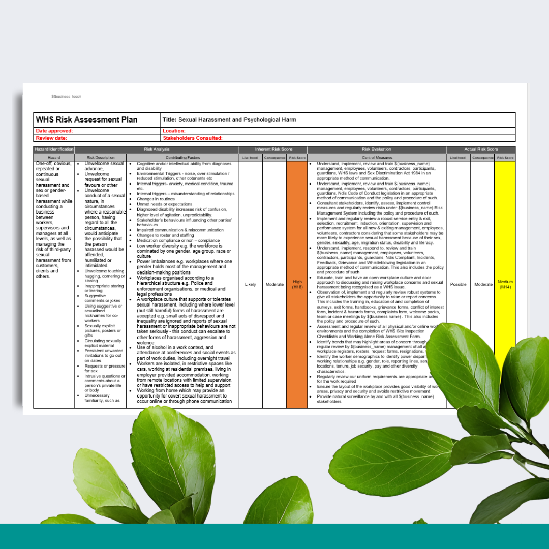 WHS Risk Assessment Plan - Sexual Harassment and Psychological Harm