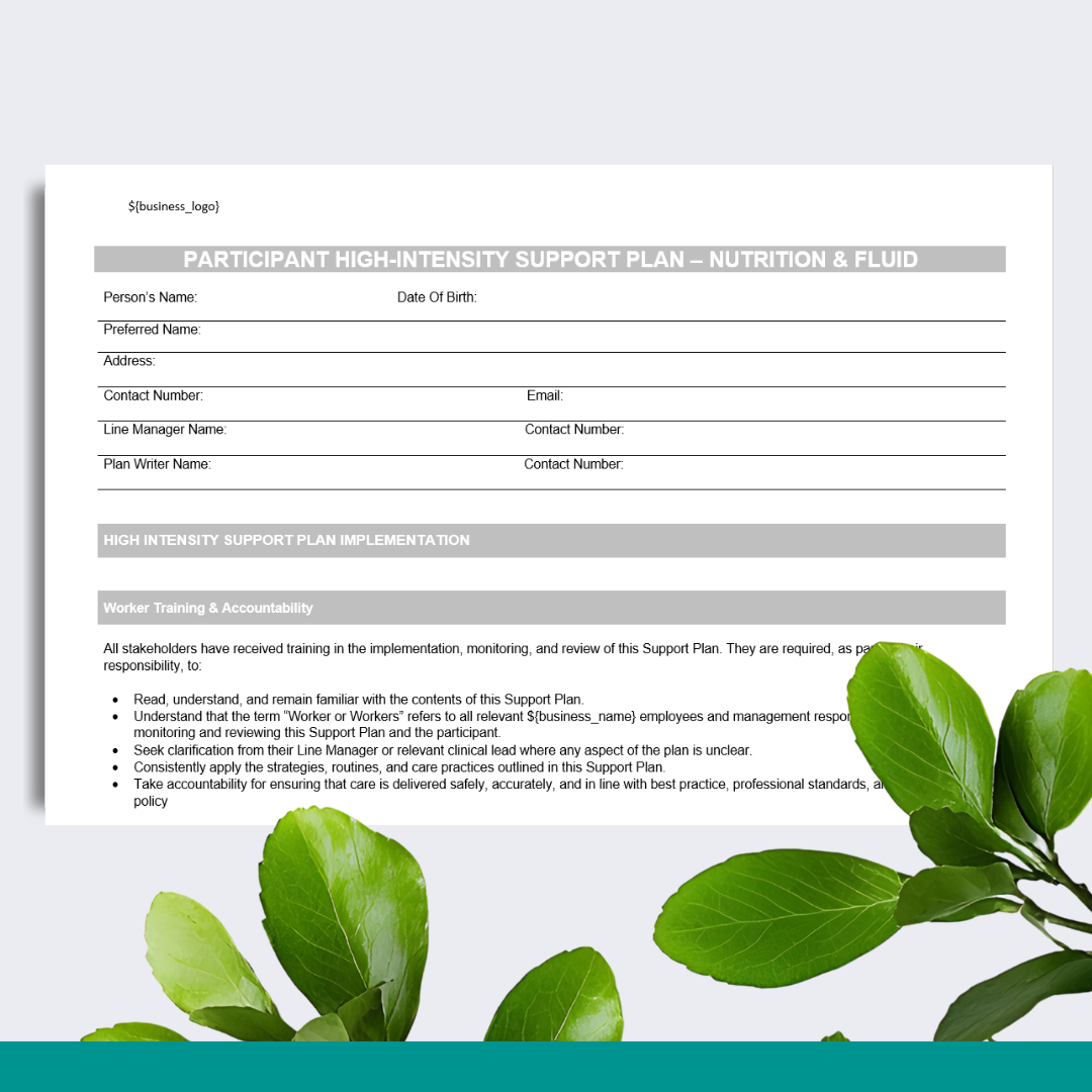 Participant High-Intensity Support Plan - Nutrition & Fluid