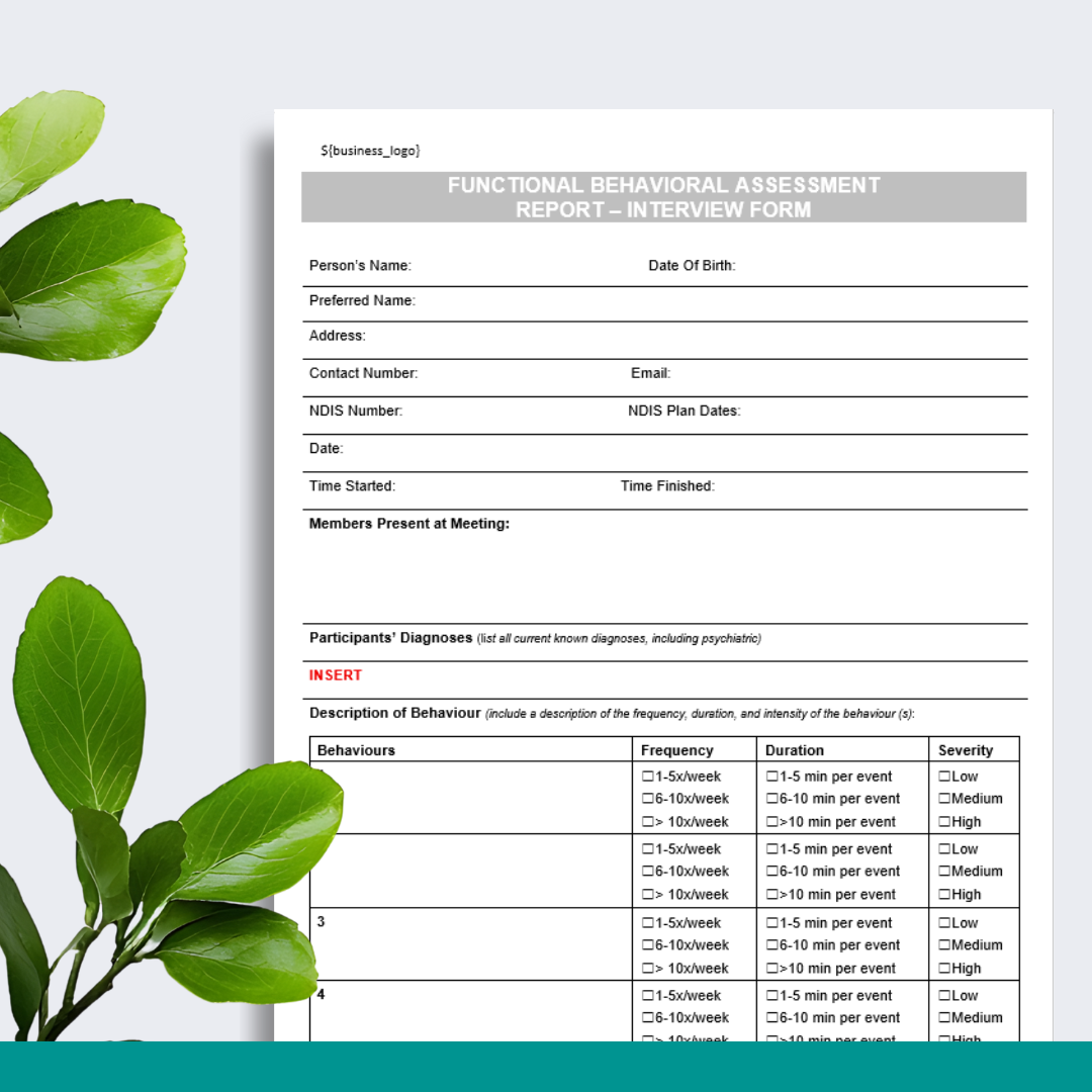 Functional Behavioural Assessment Form - Interview Questions