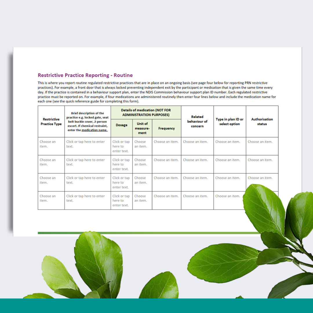Restrictive Practice Monthly Reporting Form