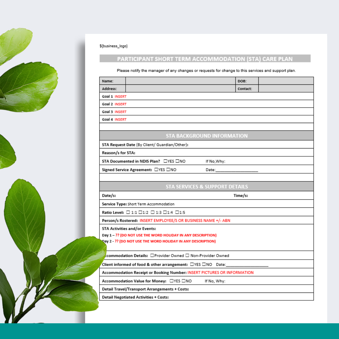 Participant STA Services & Support Care Plan
