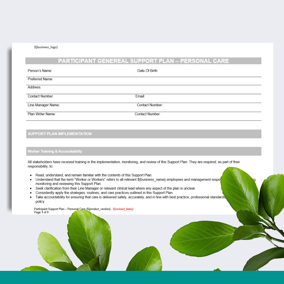 Participant General Support Plan - Personal Care