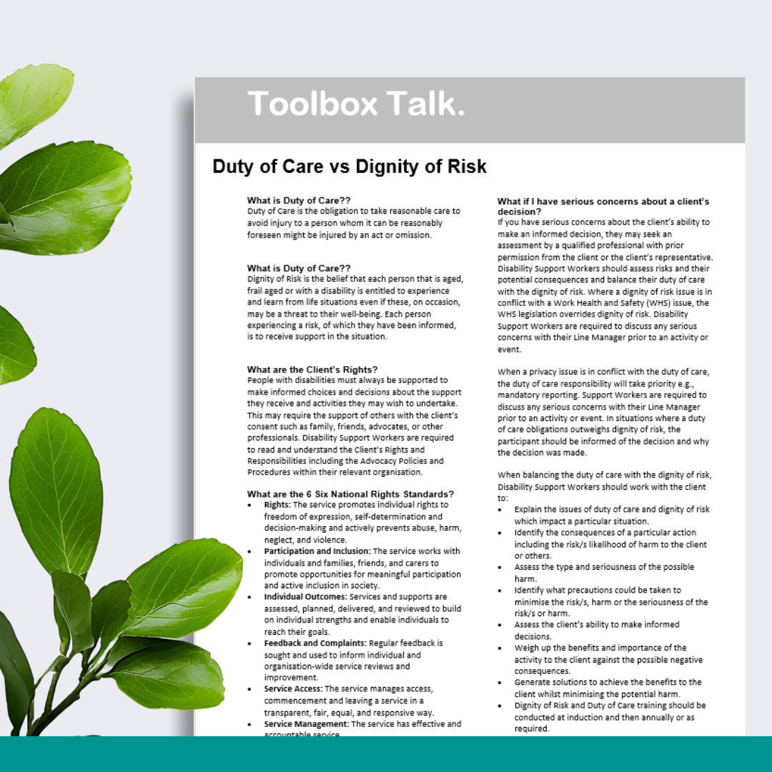 Duty of Care vs Dignity of Risk Toolbox Talk