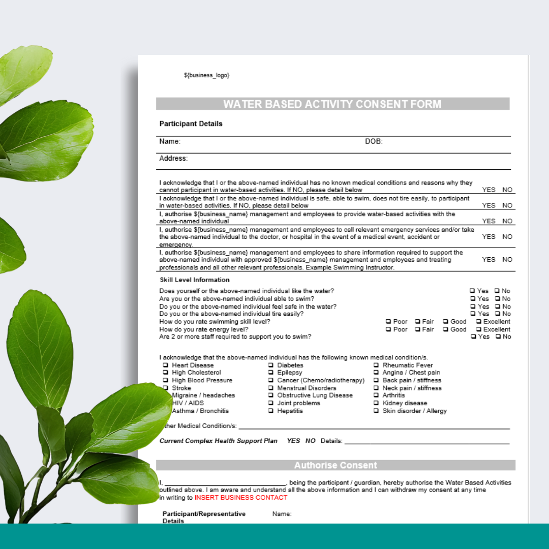 Water Based Activity Consent Form
