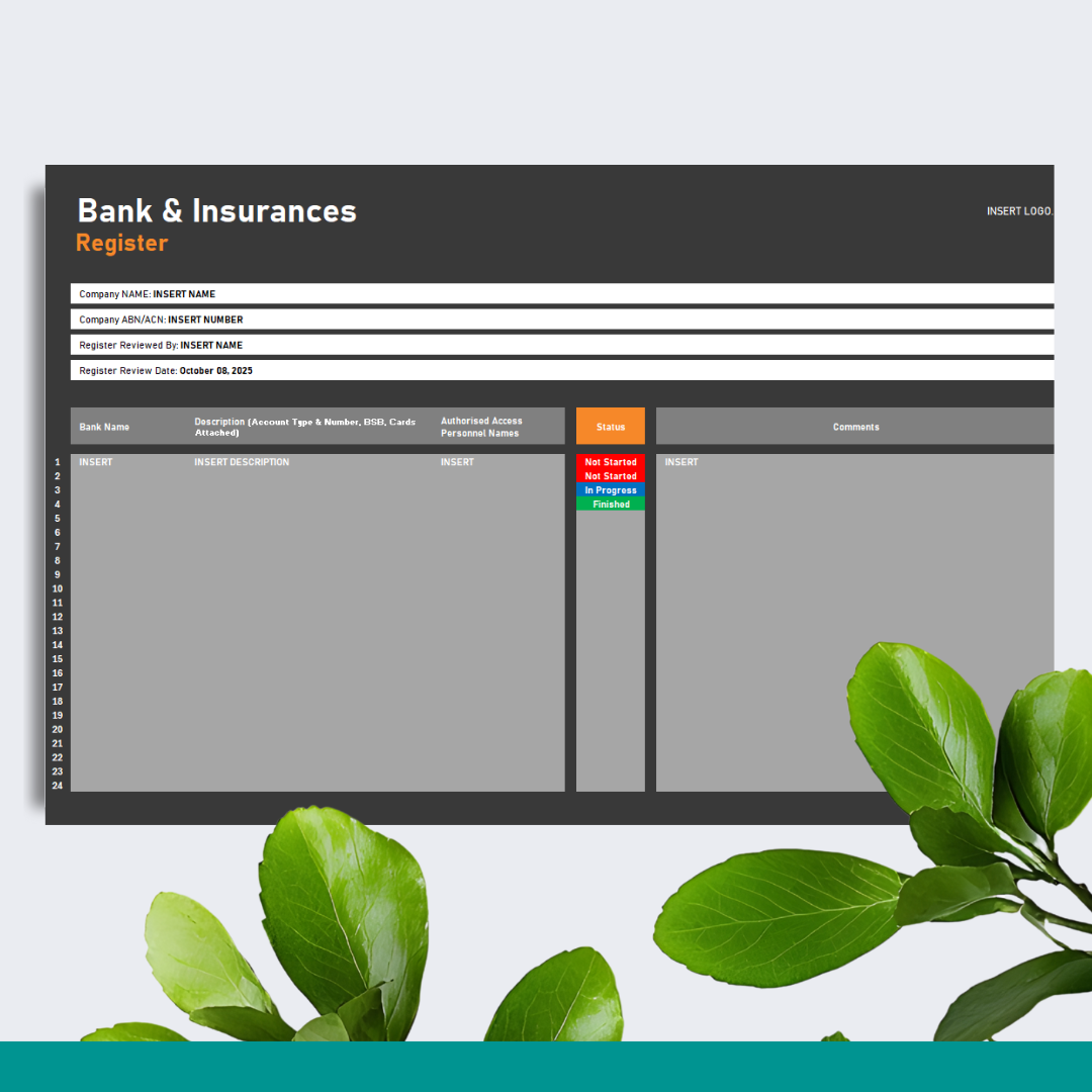 Bank Account & Insurances Register