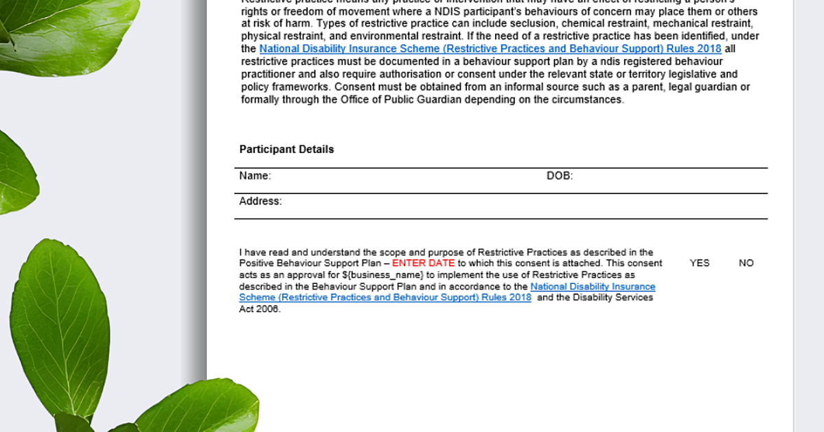 Restrictive Practice Consent Form | Disability Compliance Australia