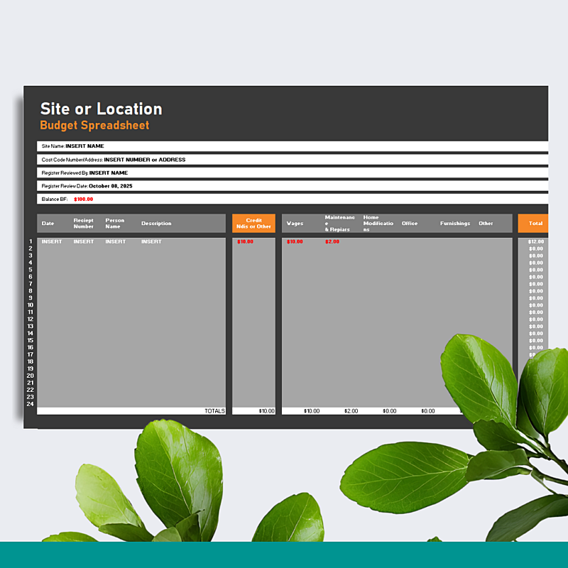 Site or Location Budget Spreadsheet