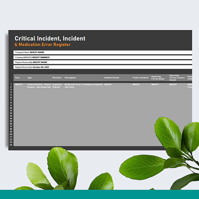 Critical Incident, Incident & Medication Error Register