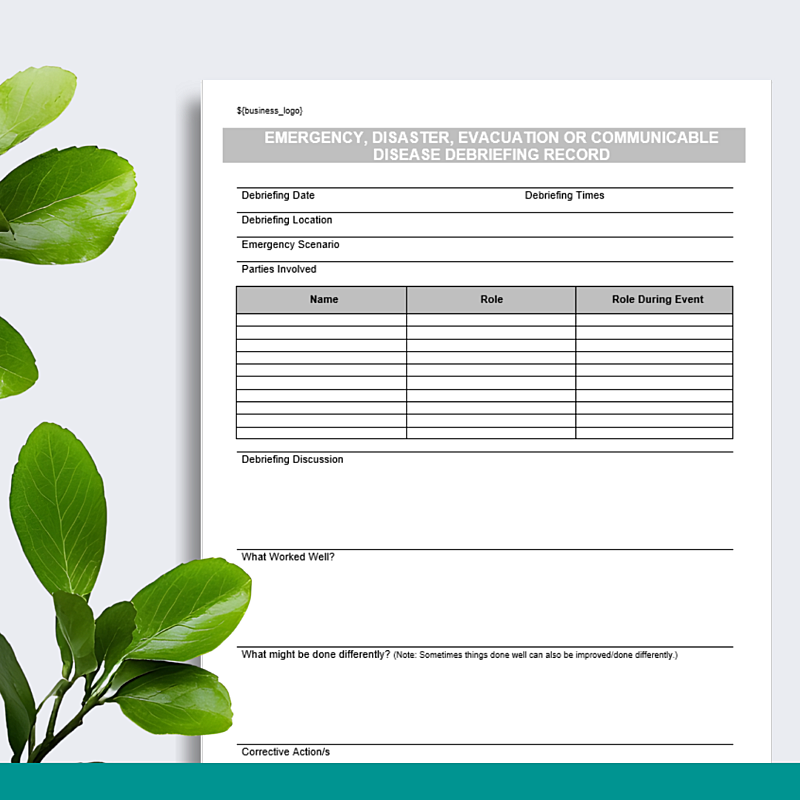 Emergency, Disaster, Evacuation or Communicable Disease Debriefing Record Form