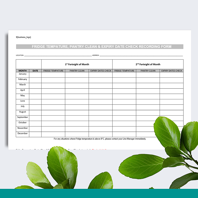 Fridge Temp, Pantry Clean & Expiry Date Check Recording Form