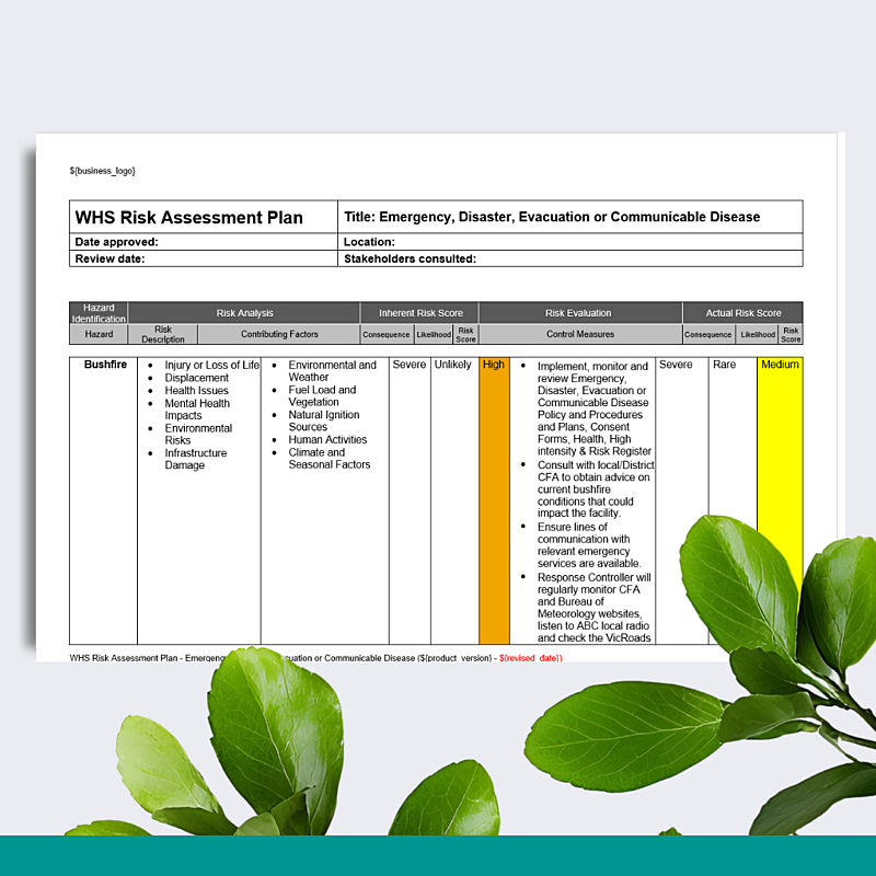 WHS Risk Assessment - Emergency, Disaster, Evacuation or Communicable Disease