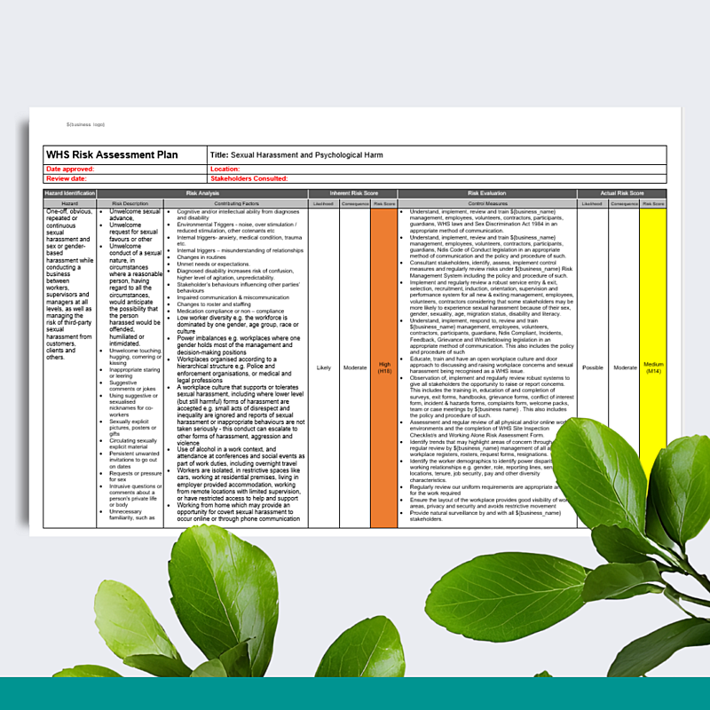 WHS Risk Assessment Plan - Sexual Harassment and Psychological Harm