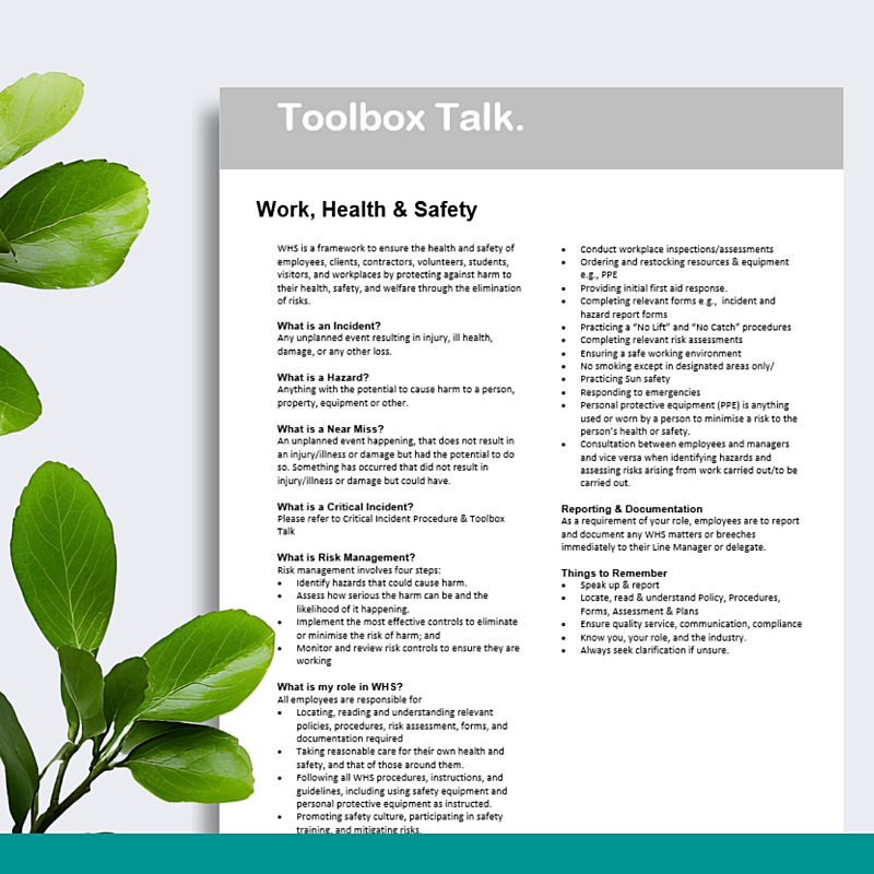 Work, Health & Safety Toolbox Talk