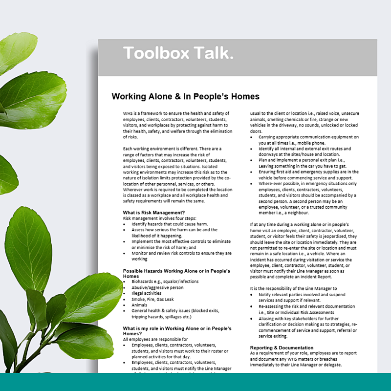 Working Alone & In Peoples Homes Toolbox Talk