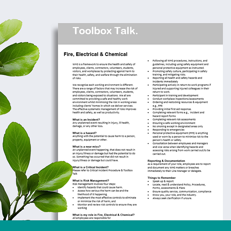 Fire, Electrical & Chemical Toolbox Talk