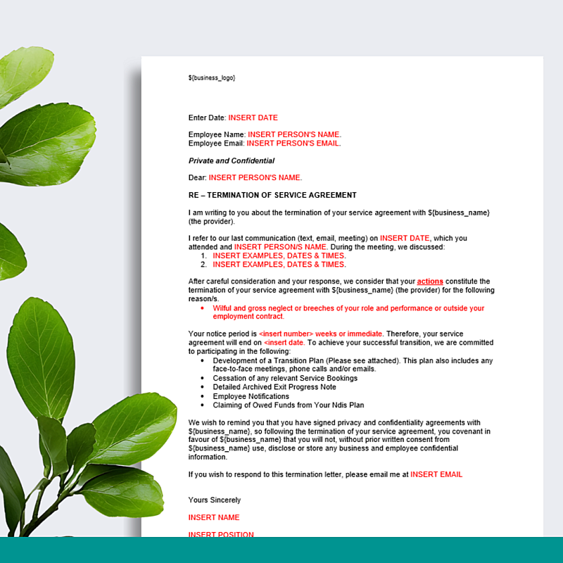 Provider Termination of Service Agreement Letter