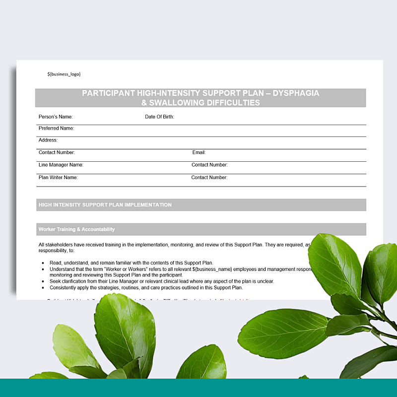Participant High-Intensity Support Plan - Dysphagia & Swallowing Difficulties