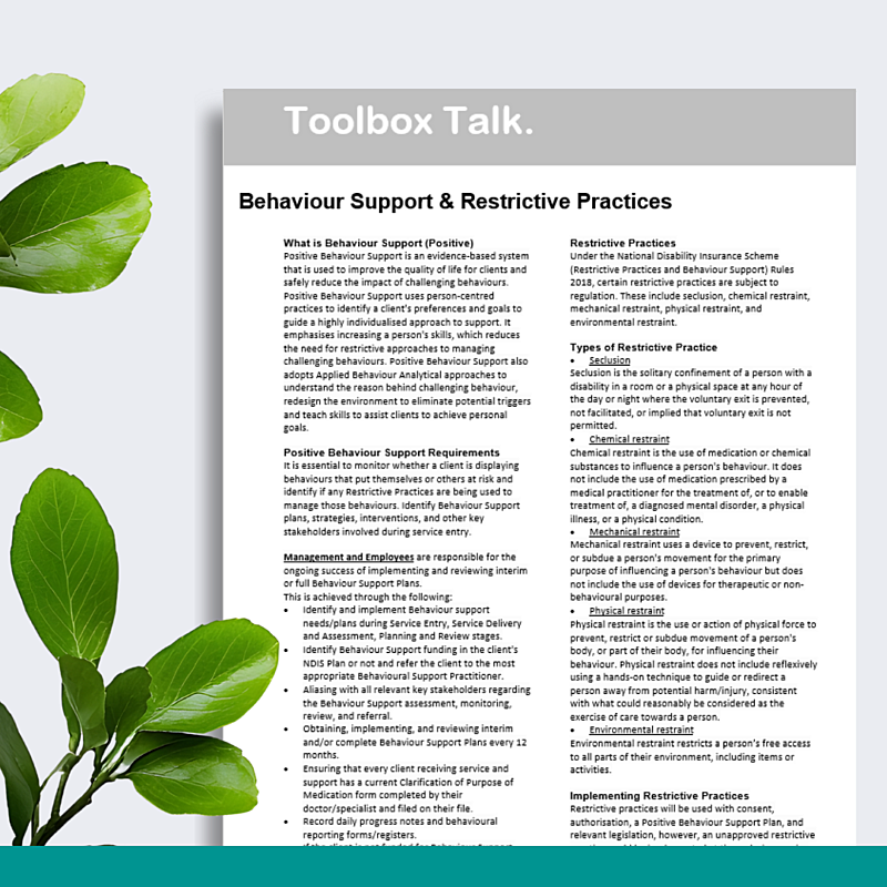 Behaviour Support & Restrictive Practices Toolbox Talk