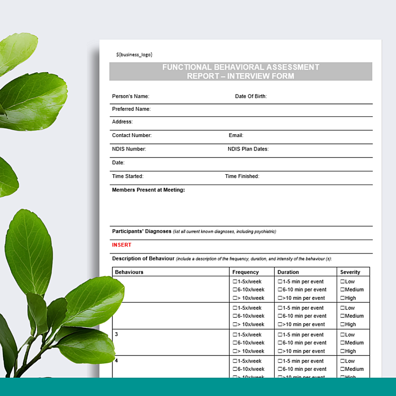 Functional Behavioural Assessment Form - Interview Questions