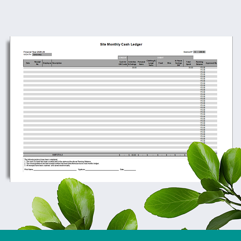 Site Monthly Cash Ledger