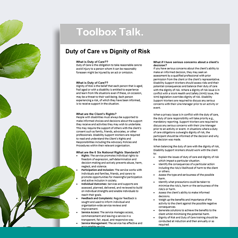 Duty of Care vs Dignity of Risk Toolbox Talk