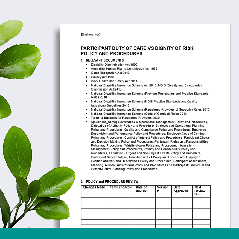 Participant Duty of Care vs Dignity of Risk - Policy & Procedures