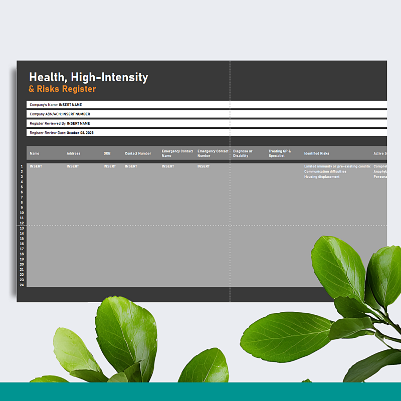 Health, High-Intensity & Risk Register