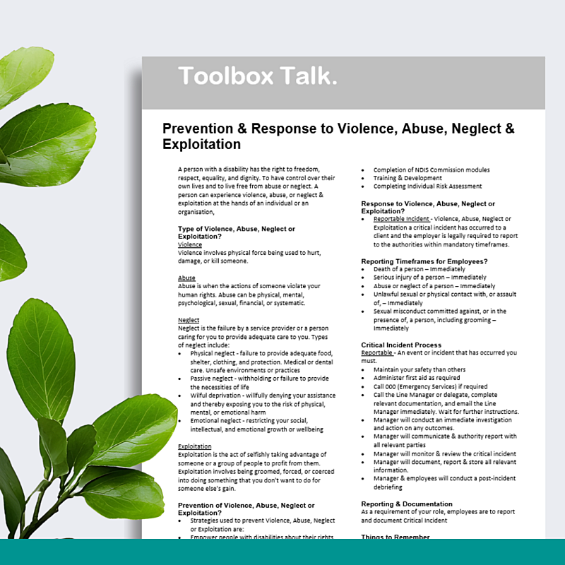 Prevention & Response to Violence, Abuse, Neglect & Exploitation Toolbox Talk