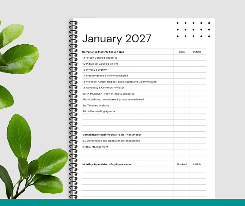 NDIS Compliance & Daily Planner - Jan to Dec 2027 - Dots
